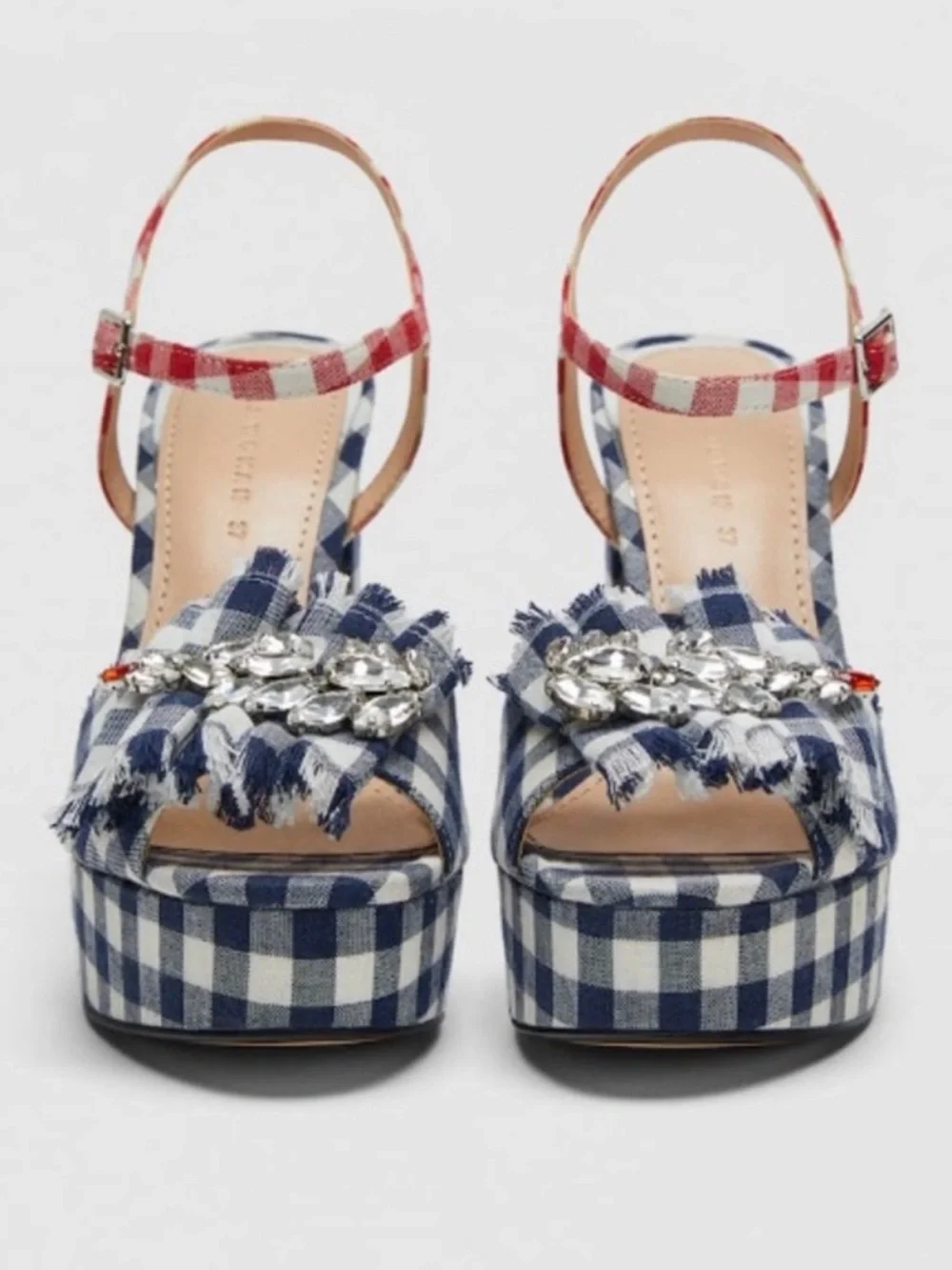 Zara Blue Red White Bejeweled Country 4th of July Gingham Platform Heels Size 38 - Picture 7 of 7